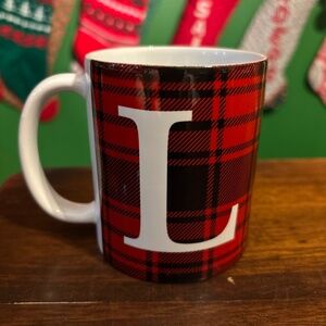 Letter L White Christmas coffee mug red and black plaid
